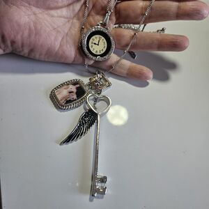 **Sale** Silver Tone Long Layered Watch Face Key Wing Victorian Photo Charm